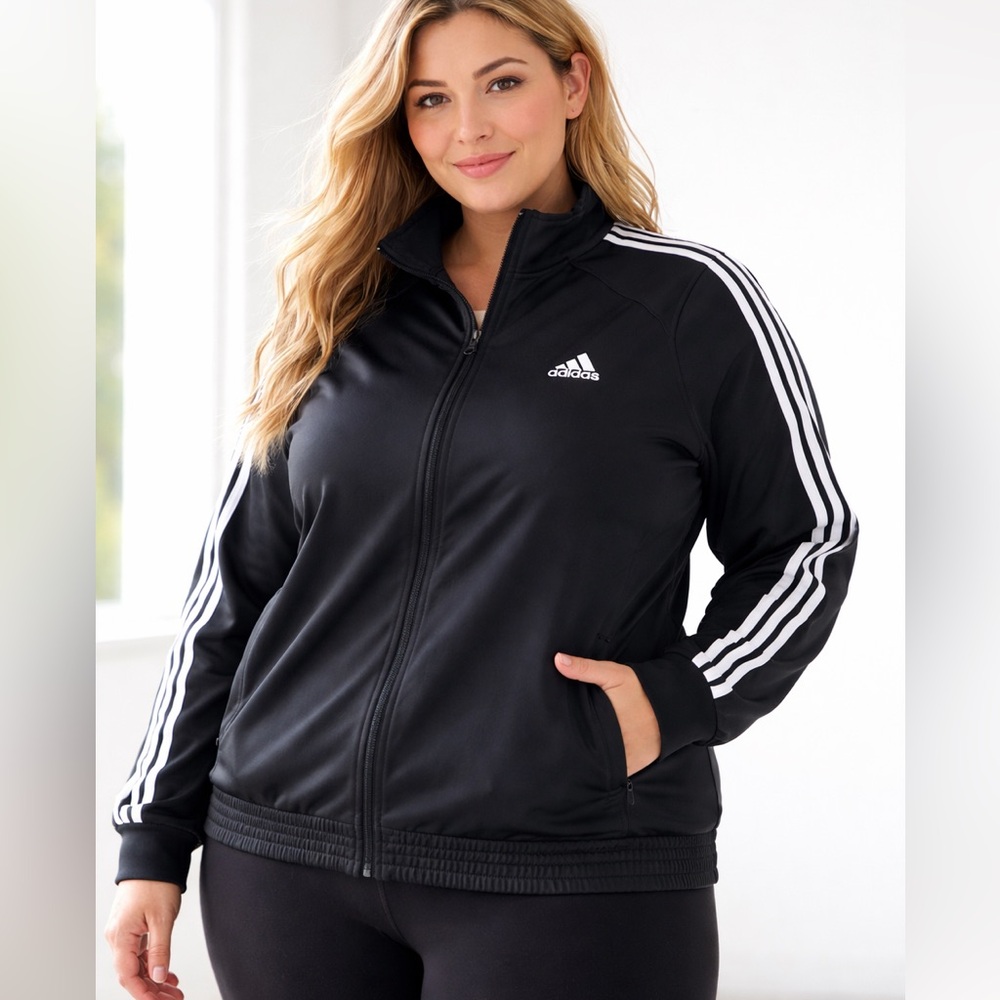 Adidas Women’s Track Jacket Black‎ White 3-Stripe Full Zip Size 1X JF3372